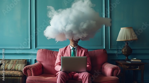 Man in Pink Suit with Cloud on Head Working on Laptop