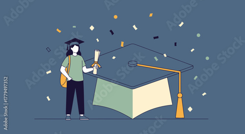 Graduation Celebration: Young Graduate Holding Diploma Near A Mortarboard, Success Moment