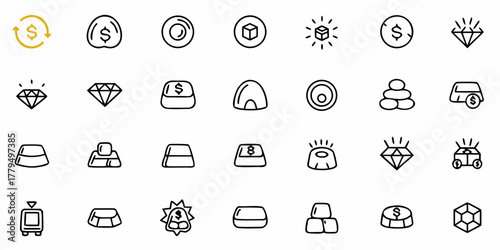 Collection of doodle style icons representing wealth and prosperity symbols in black and gold color