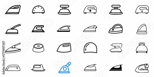Collection of various outline style iron icons displaying different designs and shapes in a grid pattern