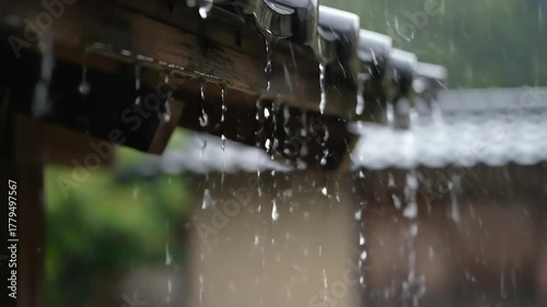 Rain Falling From Roof Eaves During Stormy Weather Closeup