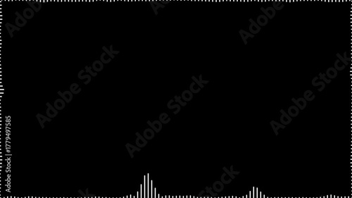 White animated audio spectrum bars and dotted frame on black background. Music visualization, digital analysis, and concert background