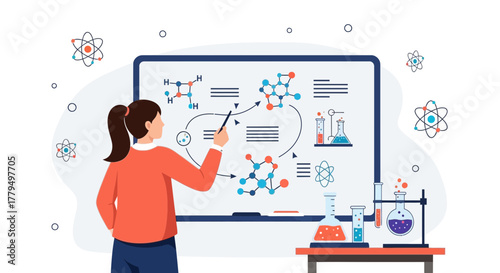 Illustration Of A Scientist Presenting Scientific Concepts On A Whiteboard