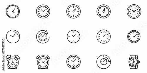 Illustration of various clock and watch icons showing different time formats and design variations present