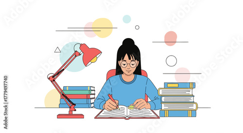 Illustration Of A Student Studying While Surrounded By Books And Under A Desk Lamp