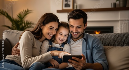 Happy Family Enjoying Time Together While Watching Phone in Cozy Living Room