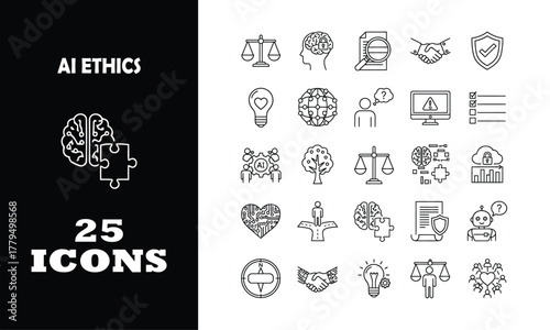 Explore a collection of 25 modern line icons for AI ethics, offering sleek designs perfect for technology, business, and innovative projects