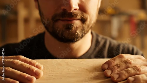 Blowing Sawdust Off Wood Block Close Up