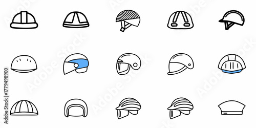 Collection of fifteen helmet icons showing various styles and designs in a simple line art format