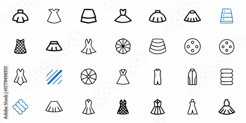 Illustration of various clothing items including dresses skirts and folded textiles in a grid layout