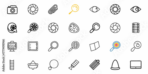 Collection of various line art icons including camera, eye, magnifier, and other miscellaneous objects