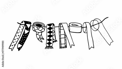 Hand drawn doodle illustration of various patterned scarves and ribbons hanging on a clothesline