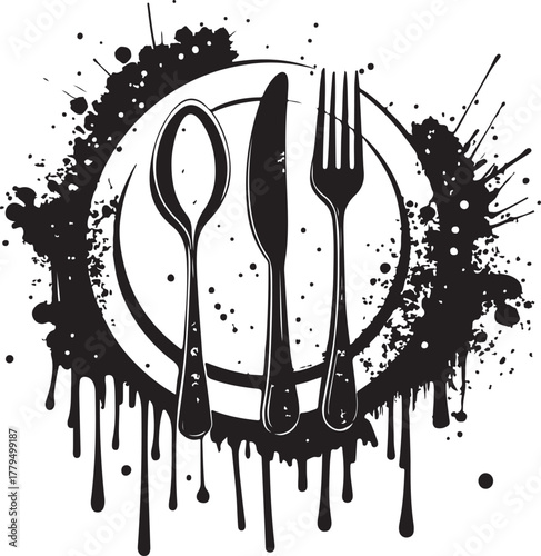 Plate, spoon and fork graffiti with black spray paint. vector illustration