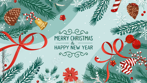Festive merry christmas and happy new year greeting card with pine branches snowflakes pinecones and red ribbons