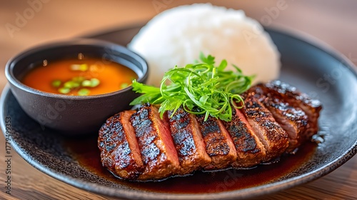 Grilled Steak Served with White Rice and Spicy Dipping Sauce on Black Plate