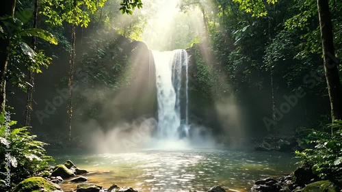 Waterfall Flowing in Tropical Forest Sunlight with Lush Greenery