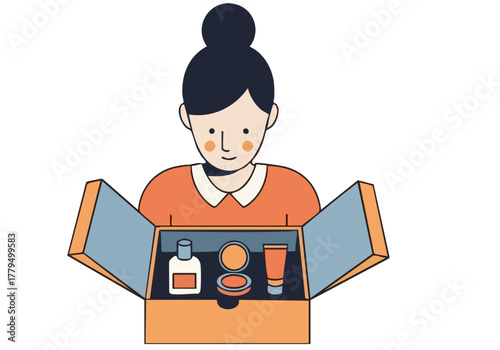 A stylish illustration depicts a woman opening a makeup box filled with products. Clean lines and a modern aesthetic create a visually appealing and commercially viable design.