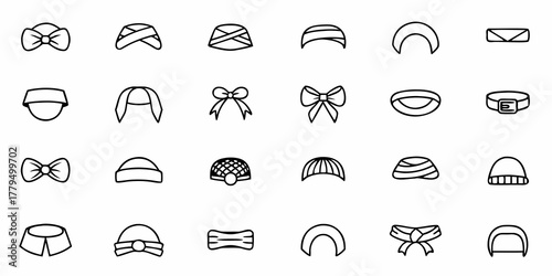 Collection of twenty two outlined headwear items including hats bows and headbands in vector format