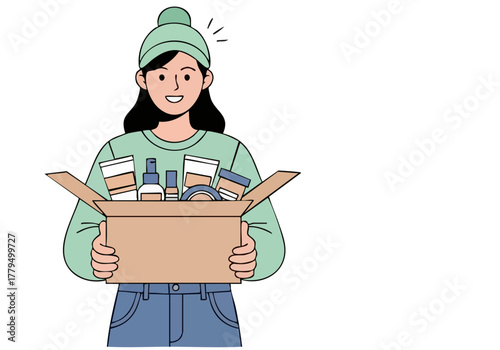 A smiling woman holds a Smart Unbox delivery box, showcasing a variety of beauty products. Clean, modern illustration style. Perfect for lifestyle and beauty marketing.