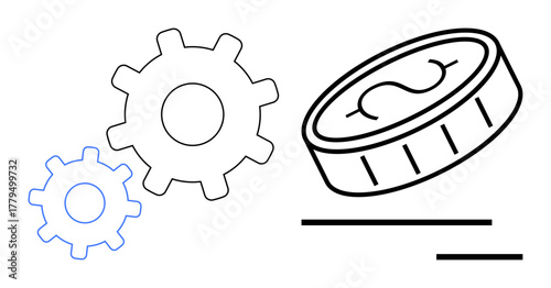 Gears illustrating collaboration and process with coin signifying money flow, growth, and systems. Ideal for finance, teamwork, economy, wealth, productivity trade and innovation. Simple flat