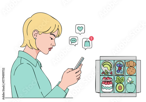 A woman reviews a food delivery alert on her phone, with a tempting box of pastries in the background. Eco Alert Sense illustration.