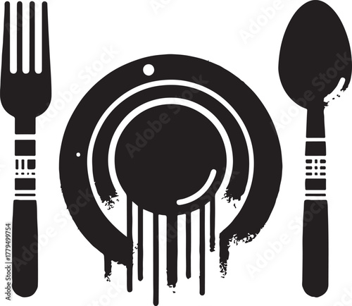 Plate, spoon and fork graffiti with black spray paint. vector illustration