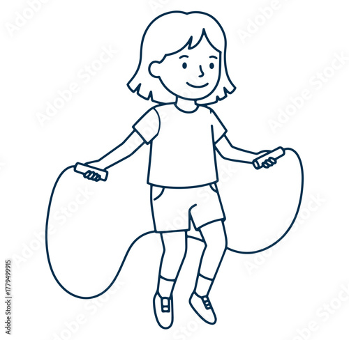 Young girl jumping rope exercise activity isolated illustration sketch outline design