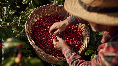 Farmer hands selecting ripe coffee cherries in a basket, conveying craftsmanship, ethical sourcing and sustainable agriculture.
