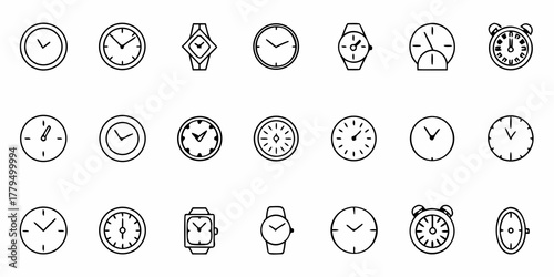 Collection of various clock and watch outline icons showing different times and styles in black and white