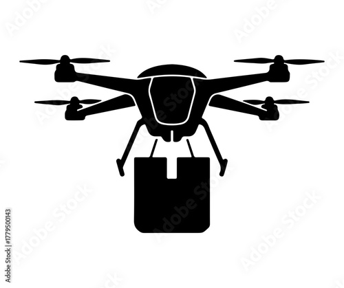 Modern drone delivering a package with its propellers spinning against a white background showcasing futuristic logistics and automated delivery services
