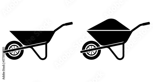 Two simple black silhouette icons of a wheelbarrow one empty and one filled with dirt on a white background representing construction and gardening tools