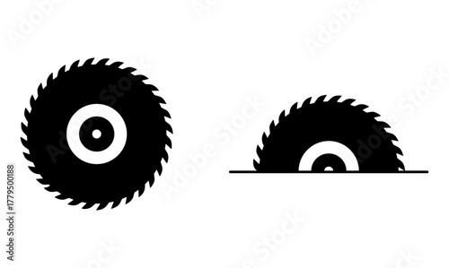 Two black silhouette icons of a circular saw blade one full circle and one half circle showing teeth on a white background representing woodworking tools