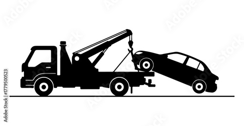 Silhouette of a tow truck in black and white lifting a car with its boom and hook for towing services or roadside assistance on a white background