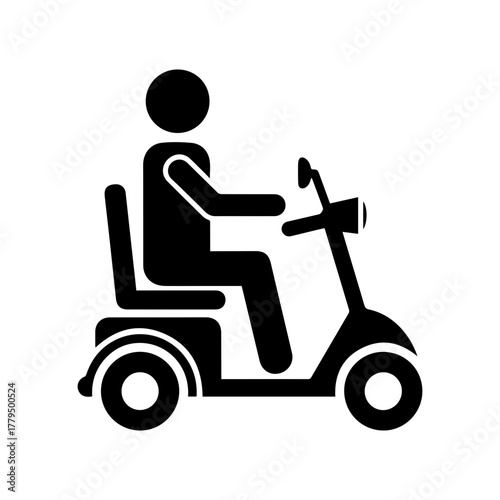 Simple black silhouette icon of a person riding a mobility scooter representing independence and accessibility for seniors and disabled individuals