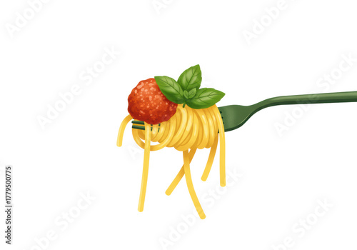 Golden-yellow classic italian spaghetti twirled on a matte dark green fork with a deep red meatball and fresh basil leaves, against a transparent background with ample copy space, concept of