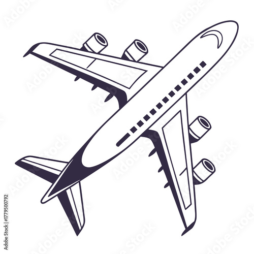 Overhead view of a commercial airplane with four engines