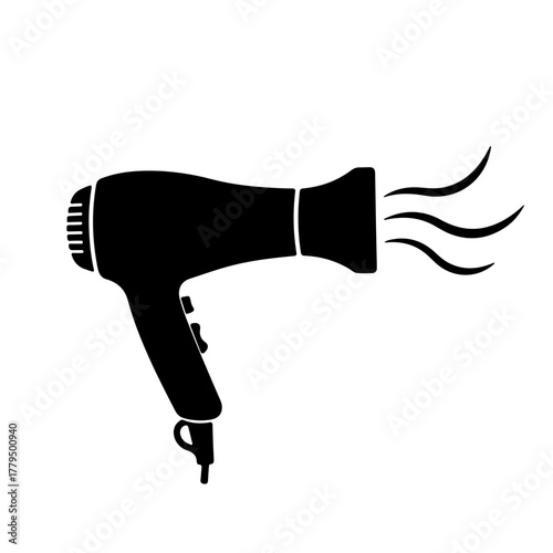Stylized black silhouette of a handheld hair dryer emitting wavy lines representing hot air or wind on a white background