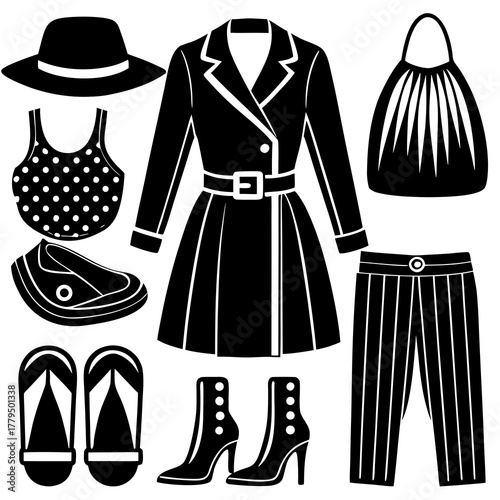 A collection of various black and white fashion items laid out