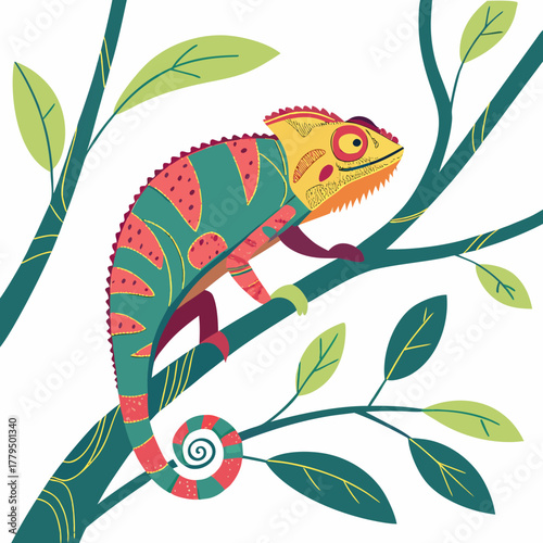 Colorful chameleon perched on a branch with green leaves art