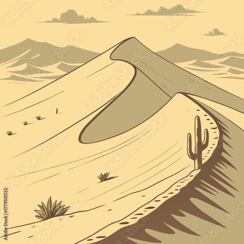 Illustration of a desert landscape with sand dunes and cactus