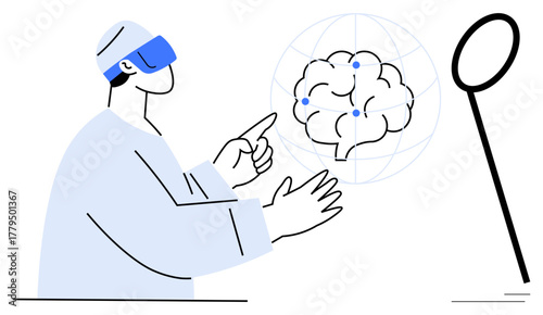 Individual wearing VR headset exploring digital brain representation with data points. Ideal for neuroscience, technology, innovation, education, virtual reality, artificial intelligence, simple flat