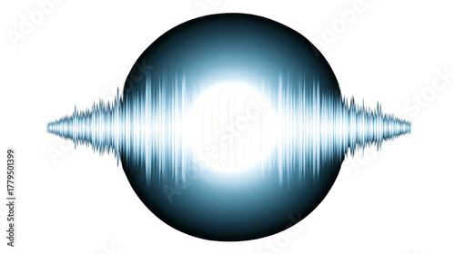 Audio waveform with glowing blue and white gradient, central vertical bars, abstract sound wave, digital technology, modern, energetic, isolated on transparent background