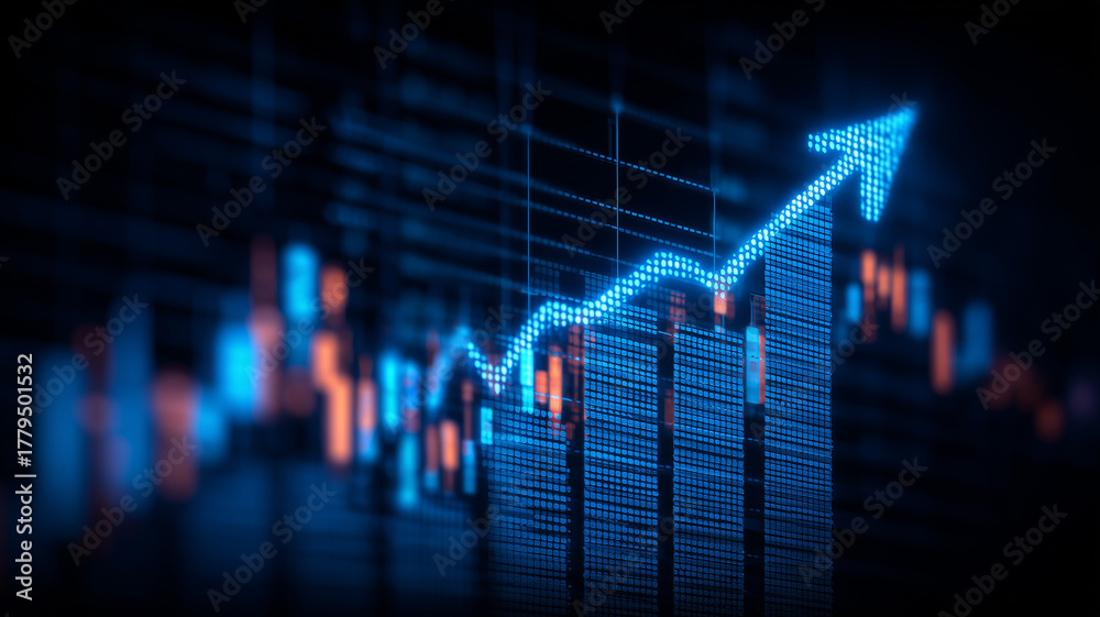 Obraz premium Upward arrow over rising bars communicating sustained improvement, competitive gains and strong market performance. 