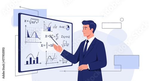 A Professor Demonstrates Complex Mathematical Equations on a Digital Whiteboard In Class
