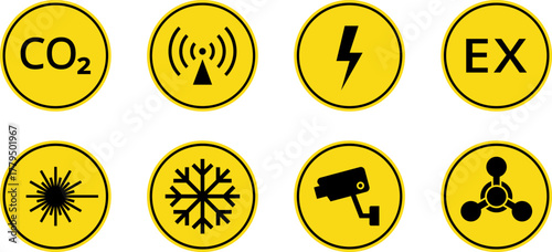 Hazard danger vector signs set. Radiation sign, High voltage sign, Exclamation point, Biohazard sign, Gas flame sign, Toxic sign, Laser, CO2, Magnet, Low temperature, EX. Road, Caution warning danger