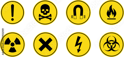 Hazard danger vector signs set. Radiation sign, High voltage sign, Exclamation point, Biohazard sign, Gas flame sign, Toxic sign, Laser, CO2, Magnet, Low temperature, EX. Road, Caution warning danger
