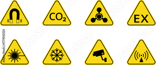Hazard danger vector signs set. Radiation sign, High voltage sign, Exclamation point, Biohazard sign, Gas flame sign, Toxic sign, Laser, CO2, Magnet, Low temperature, EX. Road, Caution warning danger