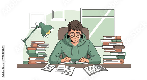 A Young Student Concentrating Deeply While Studying At A Desk Surrounded By Books and Papers