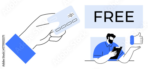 Hand offering a card suggesting payment, FREE text emphasizing offer, user interacting with tablet, and thumbs-up gesture. Ideal for shopping, discounts, transactions, approval, promotions services