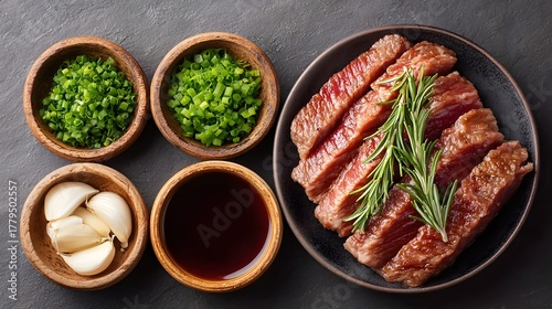 Freshly Prepared Steak Slices Surrounded by Garlic, Chopped Green Onions, and Soy Sauce in Rustic Bowls